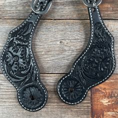 Spur straps are black leather with a floral tooling. They run about a size medium in Women. Custom upgrades available upon request. Message us today to learn more! Leather Spur Straps, Spur Straps, Western Style, Western Fashion, Black Floral, To Learn, Black Leather, Size Medium, Floral