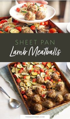 sheet pan lamb meatballs with tomatoes, zucchini and cucumbers in them