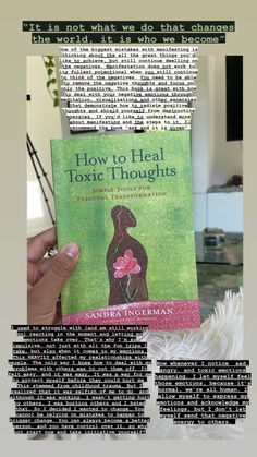 a person holding up a book about how to heal texe houghs in the living room