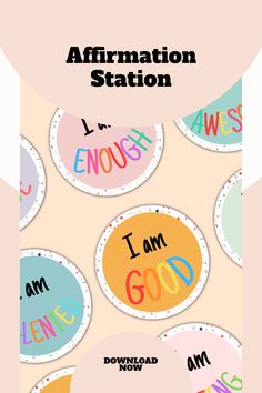 the affirmation station is shown with different colored circles and words on each side