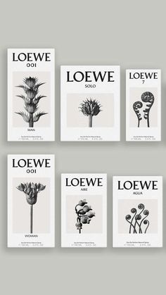 four different types of flowers are shown in black and white, with the words loewe on them