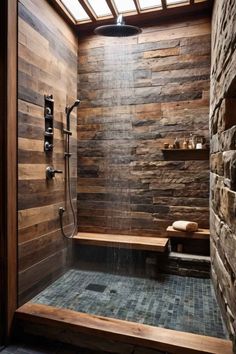 Rustic walk-in shower with a combination of wood and stone design, featuring a rainfall showerhead and modern fixtures. Shower With Color Tile, Master Bath Theme Ideas, Shower With Wood Beams, Walk In Shower No Door Rustic, Master Bathrooms With Walk In Showers Stone, Modern Rustic Master Bath Ideas, Modern Rustic Interior Design Bathroom, Wood Shower Door Ideas, Wood Grain Shower Tile