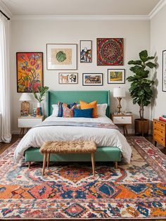 a bed sitting in a bedroom on top of a rug