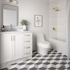 a white bathroom with black and white checkered flooring