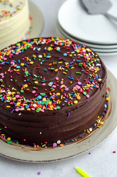 a chocolate frosted cake with sprinkles on a plate next to plates and forks