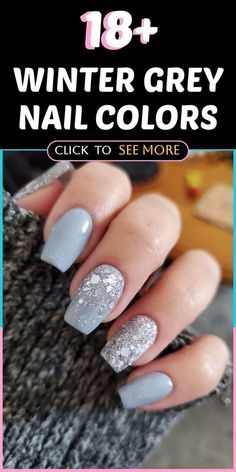 Nails Acrylic Grey Blue, Good Colors For Short Nails, Gray And Sparkle Nails, Gray Glittery Nails, Gray Nail Color Ideas, Flat Gray Nails, Grey Elegant Nails, Gel Dip Manicure Ideas, Light Grey Manicure