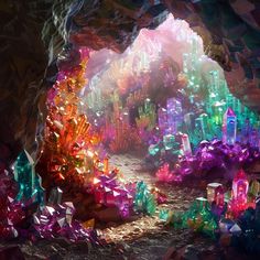 the inside of a cave filled with lots of colorful rocks and crystal shards, as if they were floating in water