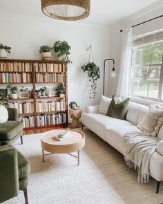 a living room filled with furniture and bookshelves next to a window covered in plants