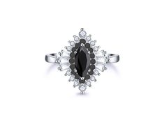 a black and white diamond ring on a white background with the center stone surrounded by smaller diamonds