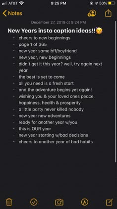 the new year's insta caption idea is displayed on an iphone screen