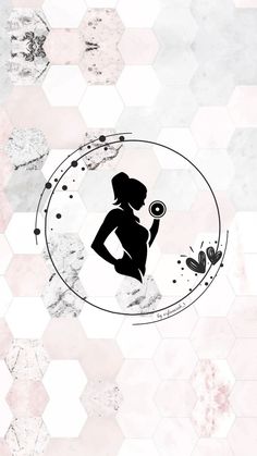 the silhouette of a woman holding a flower in front of a hexagonal background