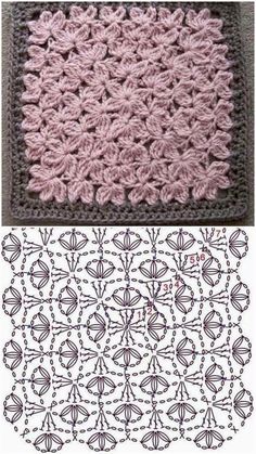 crochet patterns are shown on the left and right side of this photo, along with