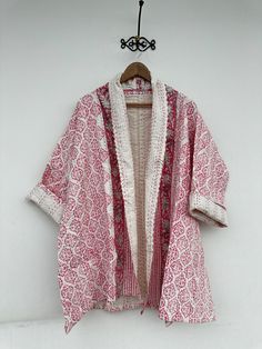 Cotton Kantha Regular Kimono Handmade For Women Front Open Coat White Cotton Kimono For Fall, White Cotton Outerwear With Kimono Sleeves, Long Sleeve Pink Cotton Kimono, Pink Long Sleeve Cotton Kimono, Red Cotton Kimono With Long Sleeves, Red Cotton Long Sleeve Kimono, Red Long Sleeve Cotton Kimono, Traditional Pink Cotton Outerwear, Pink Bohemian Cotton Outerwear