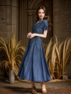 Lasaky - Vintage Embroidered Denim Maxi Dress with Open Collar and Cinched Waist Embroidered Denim Blue Dress, Elegant Denim Blue Short Sleeve Dress, Elegant Short Sleeve Denim Blue Dress, Embroidered Fitted Denim Dress, Casual Embroidered Fitted Denim Dress, Casual Fitted Embroidered Denim Dress, Floral Embroidered Fitted Denim Dress, Fitted Floral Embroidery Denim Dress, Embroidered Denim Dress In Blue