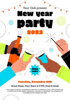 new year party flyer with hands holding drinks