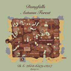 an autumn forest map with trees and animals on it's sides, including the words danfails autumn forest