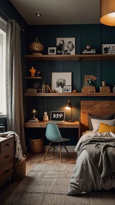 a bedroom with dark green walls and wooden shelves on the wall, along with a blue chair