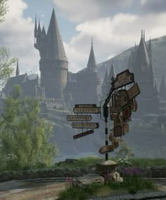 a street sign in front of a castle with lots of signs pointing to different locations