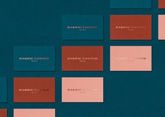 six different colored business cards on a blue and pink background with the word barbie connor