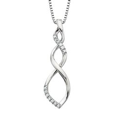 This Sterling Silver Diamond Pendant features a .05tdw Swirl Drop design on a chain, creating an elegant and timeless piece of jewelry. Elegant Spiral Jewelry For Formal Occasions, Elegant Spiral Jewelry With Diamond Accents, Elegant Infinity Necklace In Diamond White, Modern Twist Diamond White Jewelry For Formal Occasions, Formal Diamond White Jewelry With A Modern Twist, Classic Spiral Jewelry For Formal Occasions, Formal Spiral Diamond Jewelry, White Gold Spiral Jewelry For Formal Occasions, Modern Twist Diamond Jewelry For Formal Occasions