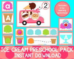 ice cream preschool pack instant printables for learning numbers and letter sounds, includes 8 fun activities