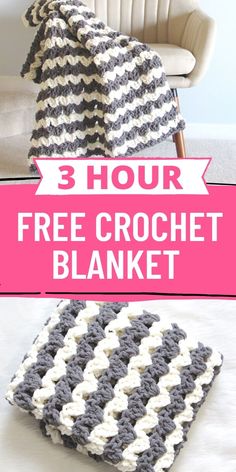 the three hour crochet blanket is shown with text that reads, 3 hour free crochet blanket