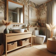 a bathroom with palm trees on the wall and a white toilet in the middle, next to a large mirror