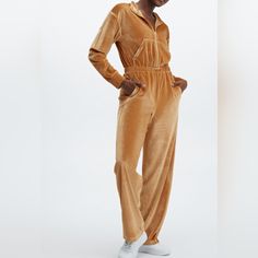 Nwt Fabletics Honey Velour Zip-Up Wide Leg Onesie Jumpsuit Xl Color: Honey Wide Leg Elastic Waist Kangaroo Pocket Flat Measurements Armpit To Armpit 20" Armpit To Cuff 20" Inseam 30.5" From A Smoke-Free Home Light Honey Brown, Teal Jumpsuit, Velour Jumpsuit, Purple Jumpsuit, Black Romper Shorts, Chambray Romper, Yellow Romper, Comfy Jumpsuits, Black And White Romper