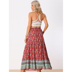 This floral printed skirt makes a great vacation choice. Women's boho vintage print maxi skirt, a must-have skirt and a good skirt gift idea for Spring, Summer, and Fall. Regular fit, just enjoy your leisure time with ease. Team with flat sandals and a relaxed shirt or peasant top. Pair it with sandals or heels for a perfect look. Casual Maxi Skirt, Floral Printed Skirt, Peasant Skirt, Print Maxi Skirt, Tiered Maxi Skirt, Printed Skirt, Printed Maxi Skirts, Floral Print Skirt, Leisure Time