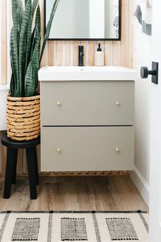 a bathroom with a sink, mirror and potted plant