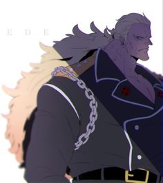 an anime character with long white hair wearing a black uniform and chain around his neck