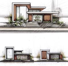 two drawings of the front and side of a house