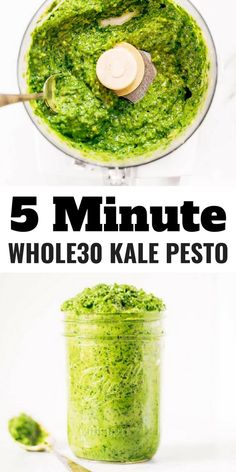 5 minute whole kale pesto recipe in a food processor with text overlay