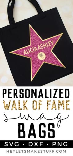 the personalized walk of fame bag is shown in pink glitter and has a star on it