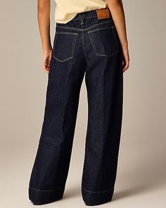 J.Crew: Point Sur Puddle Jean In Rinse Wash For Women Recycled Denim Jeans With Standard Cut For Fall, Recycled Denim Jeans For Fall, Dark Wash Recycled Denim Flare Jeans, Recycled Denim Jeans For Fall With Standard Cut, Dark Wash Flare Jeans In Rigid Denim, Dark Wash Rigid Denim Flare Jeans, Dark Wash Flare Jeans With Rigid Denim, Dark Wash Cropped Wide Leg Pants With Five Pockets, Trendy Bottoms In Rigid Denim With Standard Cut Leg