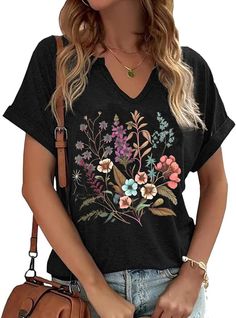 PRICES MAY VARY. Womens Boho Flower T Shirt;V Neck Flower Shirt;Vintage Flowers Printed Shirt;Floral Graphic Tee;Wildflower T-shirt Features: Cotton Blend. High quality, light weight, lasting durability, fabric soft and comfortable, V Neck Graphic Tee. Occasion: This shirt is versatile and can be worn for casual outings, streetwear, office attire, home wear, school, daily wear, vacations, and special holidays such as Mothers Day and Summer. Can Match Wih Kinds Of Bottoms Like Shorts, Jeans, Loos Vintage V-neck T-shirt For Spring, Cotton V-neck Shirt With Floral Print, Black Summer Tops With Plant Print, Black Vintage Print Top For Summer, Black Top With Vintage Print For Summer, Black Short Sleeve Top With Plant Print, Black Tops With Plant Print For Spring, Black Vintage Print Short Sleeve Top, Flower Graphic Tee