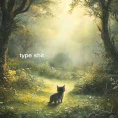 a painting of a cat in the middle of a forest with sunlight coming through trees