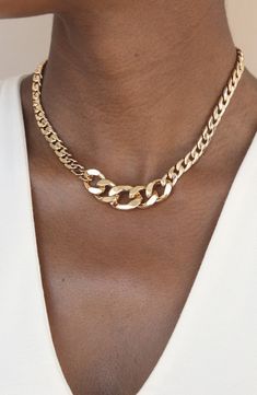 Oversized links center this glossy curb-chain necklace that's perfect to layer or wear solo for an extra dose of shine. 15" length; 3" extender Lobster clasp closure Goldtone plate Imported Curb Chain Necklace, Concert Looks, Flip Flop Slippers, Clutch Pouch, Sweaters And Leggings, Comfortable Sandals, Keep Jewelry, Chain Link Necklace