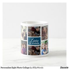 a coffee mug with photos of people and the words love in red, pink, white, and blue