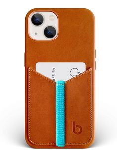 an iphone case with a card slot in the back and a blue cord attached to it