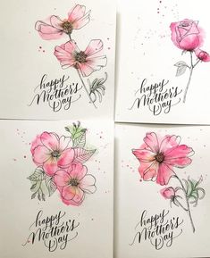 four greeting cards with watercolor flowers and the words happy mother's day