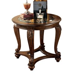 Benzara Wooden Round End Table with Cabriole Legs and Glass Top Furnitur Ruang Keluarga, Round End Table, Glass End Tables, Corner Table, End Table Sets, Ashley Furniture Homestore, Deco Furniture, Ashley Furniture, Beveled Glass