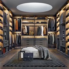 an image of a bedroom setting with clothes on the shelves and bed in the middle