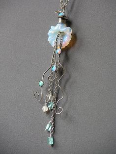 Blue Jellyfish Necklace Made With Glass And Opals Whimsical Silver Glass Jewelry, Beaded Jellyfish, Nymphaea Lotus, Jellyfish Jewelry, Jellyfish Necklace, Diy Wire Jewelry Rings, Wire Jewelry Rings, Sea Jewelry, Magical Jewelry