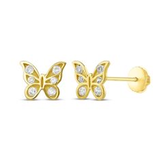 Give your little one a sweet gift with these playful butterfly stud earrings. Crafted in 14K yellow gold Each sculpted butterfly sparkles with six cubic zirconia stones The earrings secure with screw backs Gold Earrings With Butterfly Charm In Cubic Zirconia, Gold Cubic Zirconia Earrings With Butterfly Charm, Gold Earrings With Cubic Zirconia Butterfly Charm, Yellow Gold Butterfly Earrings With Cubic Zirconia, Yellow Gold Cubic Zirconia Butterfly Earrings, Butterfly Earrings Gold, Butterfly Stud Earrings, Crystal Heart Pendant, Womens Earrings Studs