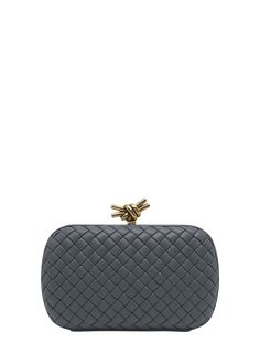 "Find BOTTEGA VENETA Knot Bag on Editorialist. Bottega Veneta minaudiere in woven leather Framed top with knot liftclasp closure Approx. 7.5\"H x 4.5\"W x 2\"D Made in Italy" Designer Clutch With Gold-tone Hardware For Events, Luxury Clutch With Intrecciato Weave, Designer Woven Leather Clutch, Designer Woven Leather Rectangular Clutch, Luxury Woven Leather Rectangular Clutch, Designer Rectangular Woven Leather Clutch, Luxury Rectangular Woven Leather Clutch, Rectangular Clutch With Intrecciato Weave For Evening, Designer Evening Clutch With Intrecciato Weave