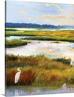 a painting of a white egret standing in the grass next to a body of water