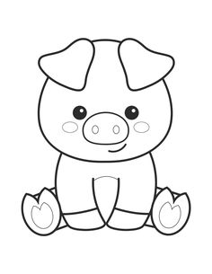 a cartoon pig sitting on the ground with eyes wide open and one eye closed, in black and white