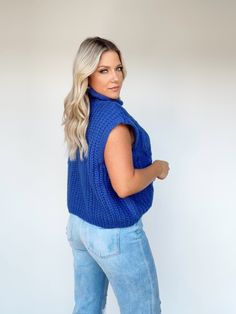 Currently obsessing over Lane 201's Melissa Sweater Vest! This sweater vest features a super soft cable knit material, a turtleneck, and a cropped boxy fit. The perfect piece to dress up for a day in the office or down for a more casual everyday look. 100% Viscose Dry clean only Chic Blue Sweater Vest For Fall, Trendy Turtleneck Knit Sweater Vest, Sweater Styling, Rib Cage, Casual Everyday, Knitting Materials, Sweater Fashion, Sweater Vest, Dresses Xs