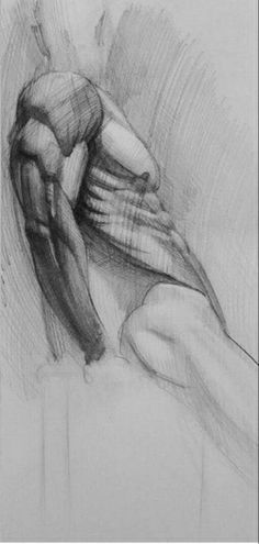 a black and white drawing of a man's arm resting on his knees,